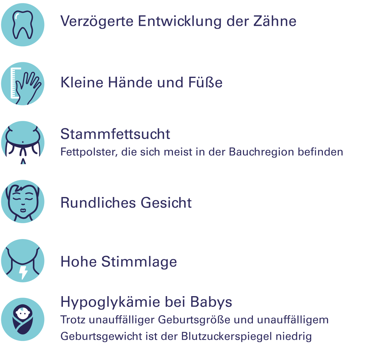 Häufige Symptome von Wachstumshormonmangel sind verzögerte Entwicklung der Zähne, rundliches Gesicht, kleine Hände und Füße, hohe Stimmlage, Stammfettsucht, Hypoglykämie bei Babys